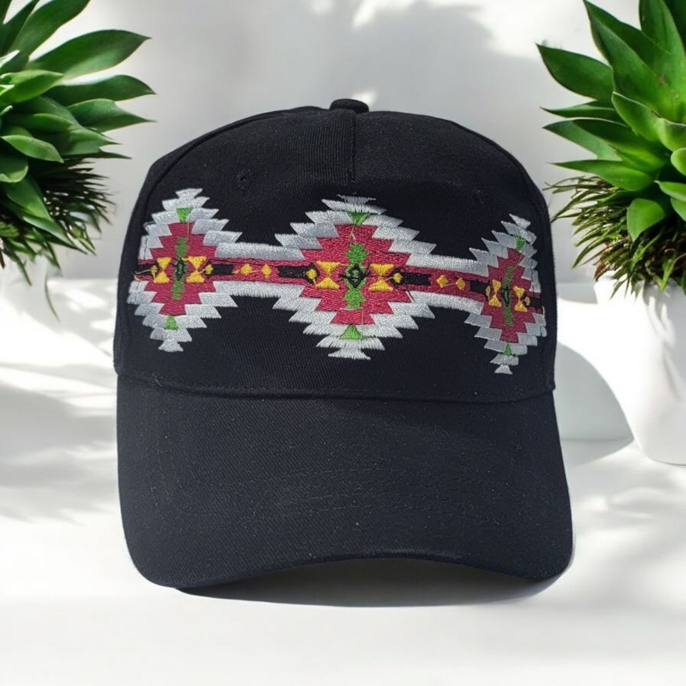 Black Cap with Colorful Geometric Embroidery